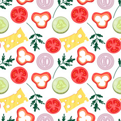 Vector seamless flat pattern with slices of vegetables and cheese. Ingredients for the cooking. Colorful seamless pattern of vegetable, good for fabric textile print or wrapping paper. 