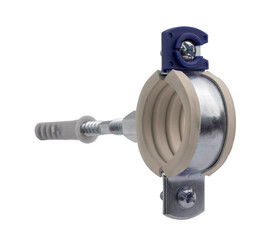 Pipe clamp with a rubber lining and wall plug. Isolated on white background.