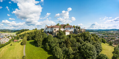 Aeiral drone panarama image of the Lenzburg castle, built in the 11 century, in Canton Aargau, Switzerland (large stitched file)