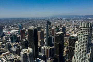 Drone view of high rises and skyscrapers in Los Angeles downtown on a sunny day in California