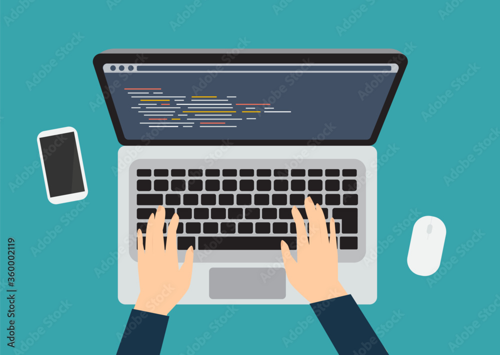 Wall mural programming and coding concept, top angle view on computer laptop screen, vector illustration