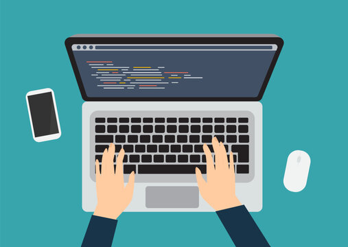 Programming and coding concept, top angle view on computer laptop screen, vector illustration
