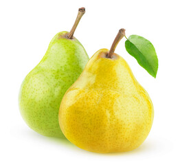 Two isolated pears. Yellow and green pear fruits isolated on white background