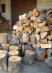 Pine firewood stored for the winter. Warehouse and woodshed in a house in Laza, village in the province of Ourense, Galicia, Spain