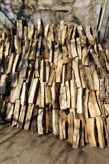 Firewood cut and stored for the winter in a house in Laza, village of the province of Ourense, Galicia, Spain