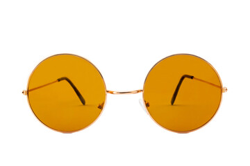 Street style oval sunglasses with thin golden metal frame, clear brown lens, isolated on white background, front view.