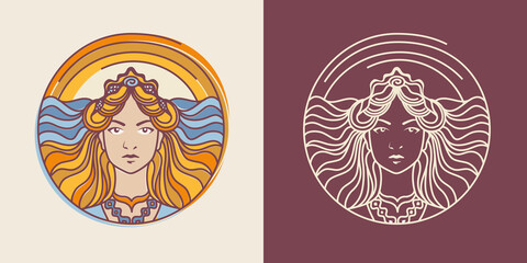 Young blond woman on the ocean and sunrise background. Eos, Greek goddess of dawn, Logo or emblem. Editable stroke