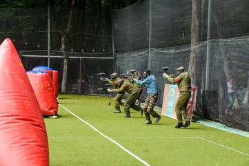 Russia. Stavopol. 07/27/2019 The 5th annual corporate tournament among young specialists of Gazprom employees. Paintball competitions on the sports field with unprofessional amateur teams.