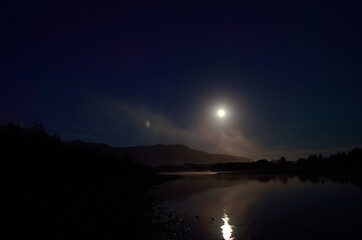full moon river landscape at night surrounded by mountains