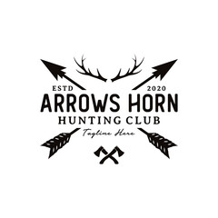 Vintage Rustic Hipster Crossed Arrow with deer antlers and ax logo design inspiration