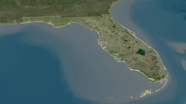 Florida, state with its capital, zoomed and extruded on the satellite map of United States in the conformal Stereographic projection. Animation 3D