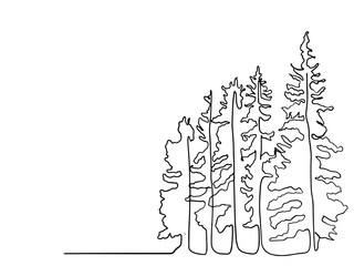 Pine tree continuous line drawing art. simple forest, one line drawing of nature tree vector illustration, line drawing of forest with trees. minimal line doodle.