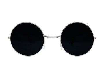 Street style oval sunglasses with thin silver metal frame, black matte lens, isolated on white...