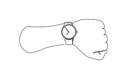 The continuous line of a persons hand indicates a wrist watch. Hand with handwatch on wrist with isolated on turquoise background. Fast time stop watch, limited offer, deadline.