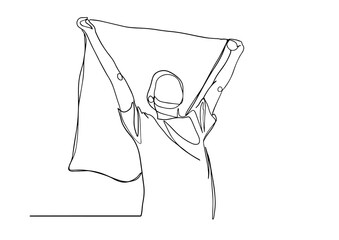 Man seen from behind holding a LGBT flag over his head one line vector drawing. Man running with a flag single continuous line illustration.