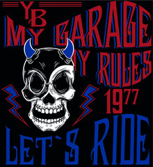 vector monochrome image on a motorcycle theme with skulls, motorcycles, wings, engine
