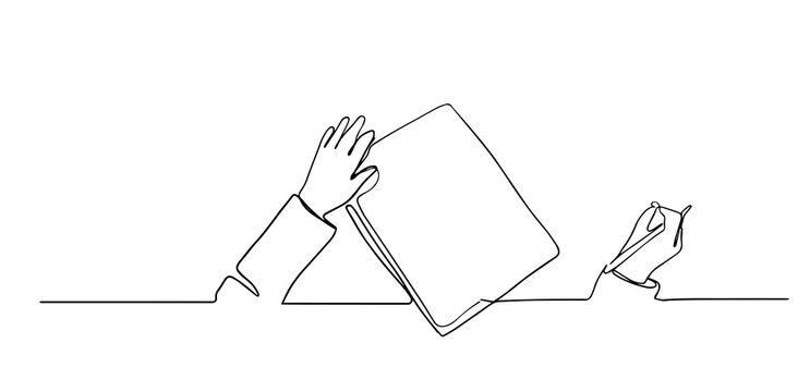 One continuous line drawing of hand writing gesture on a piece of paper Write concept single line draw design illustration. hands from first view writing with a pen.