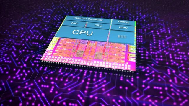 Presentation of the new generation cpu on the ARM architecture. Processor on the circuit board with huge amount glow electrons and process of his building with crystal plate and many computing blocks.