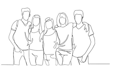 High school class of friends standing together and hugging line vector drawing illustration. Group of friends cuddling each other. concept of friendship and emotional support.