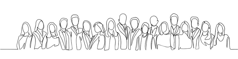 Groupe de personnes dessin vectoriel continu d& 39 une ligne. Famille, amis personnages dessinés à la main. Foule debout au concert, réunion. Femmes et hommes en file d& 39 attente. Illustration de contour minimaliste