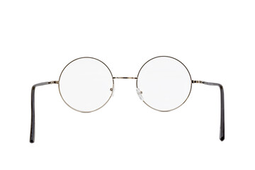Street style oval prescription glasses with thin silver metal frame, clear lens, isolated on white...