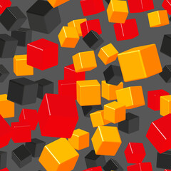 Golden Red Black Cubes Seamless Pattern, 3D Illustration