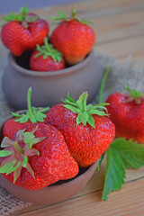 Fresh sweet strawberries in a clay pot on a wooden background.