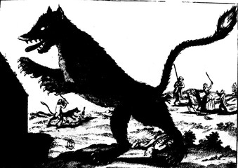gravure ancienne du XVIII siècle montrant la bête du gévaudan debout sur ses pattes arrière