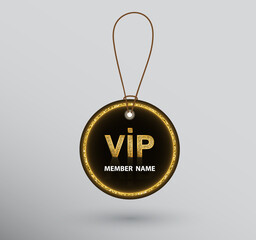 Black round VIP badge hanging on string
