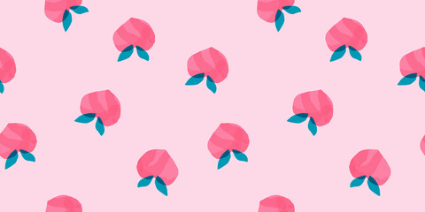 Seamless peaches fruit vector pattern. Hand drawn watercolor pink fruit art for wallpaper textile fabric designs. Cute vector illustrations in cartoon style.Print