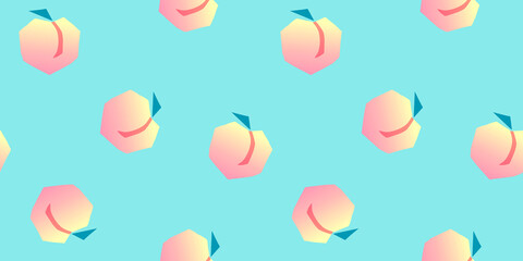 Seamless peaches fruit vector pattern. Hand drawn pink yellow fruit art with blue background for wallpaper textile fabric designs. Cute vector illustrations in cartoon style.
