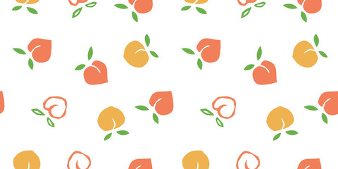Seamless peaches fruit vector pattern. Hand drawn pink orange fruit art for wallpaper textile fabric designs. Cute vector illustrations in cartoon style.