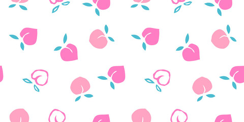 Seamless peaches fruit vector pattern. Hand drawn pink fruit art for wallpaper textile fabric designs. Cute vector illustrations in cartoon style.