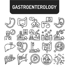 Gastroenterology black line icons set. Abdominal medical examination. Pictograms for web, mobile app, promo. UI UX design elements. Editable stroke.