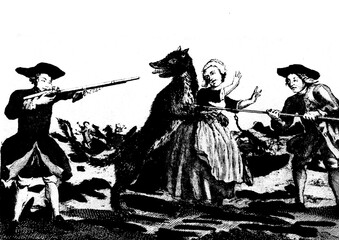 gravure ancienne du XVIII siècle montrant la bête du gévaudan attaquant une jeune fille et attaquée par 2 chasseurs