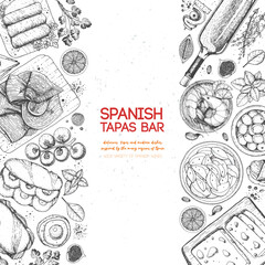 Spanish tapas, top view. Food menu design template. Vintage hand drawn sketch vector illustration. Engraved image.