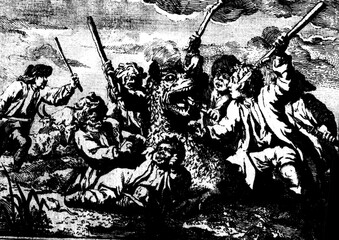 gravure ancienne du XVIII siècle montrant la bête du gévaudan attaquée par des paysans