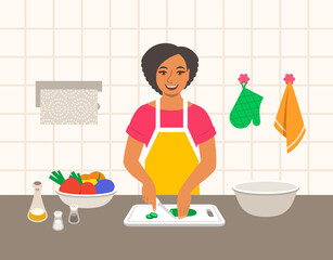 Young modern black woman cuts fresh vegetables for salad or ragout in the kitchen. Flat vector cartoon illustration. Mom cooks dinner for family. Cooking at home. Preparing vegetarian diet meal