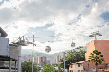 Obraz na płótnie Canvas Medellin, Antioquia / Colombia Febreo 24, 2019. Metrocable Line J of the Medellin Metro or Metrocable Nuevo Occidente, is a cable car line used as a medium-capacity mass transport system 