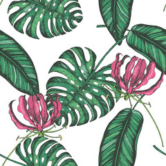 Naklejka premium Tropical palm leaves and flowers seamless pattern. Vector illustration leaves of palm. Jungle pattern. Print on cloth template.