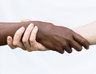 Black-and-white human arms wrapped around each other. The concept of combating racism, of community, friendship, equality