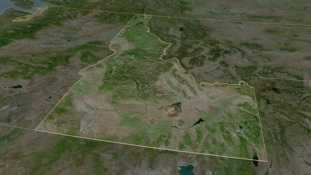 Idaho, state with its capital, zoomed and extruded on the satellite map of United States in the conformal Stereographic projection. Animation 3D