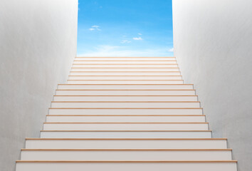 white and wooden stair up to the sky, success concept, 3D rendering