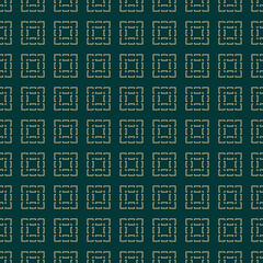 Vector geometric seamless pattern with squares, lines, grid, tiles. Abstract green and gold texture. Luxury ornamental background in Asian style. Repeat design for decor, wallpaper, textile, fabric