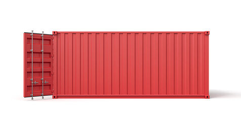 3d rendering of open empty red barge container with white insides isolated on white background.