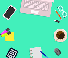 Set of flat vector design illustration of modern business office and workspace. Top view of desk background with coffee, digital devices 