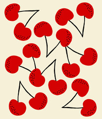 Hand painted design with cherries in red and black on cream background.