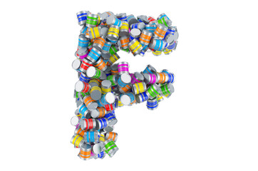 Letter F from colored paint cans, 3D rendering
