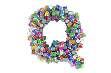 Letter Q from colored paint cans, 3D rendering
