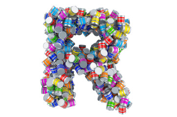 Letter R from colored paint cans, 3D rendering